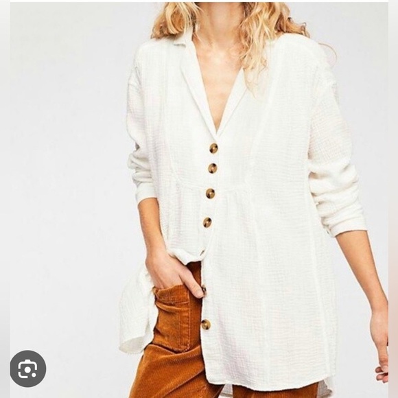 Free People All the Feels Gauze Button Front Tunic Top Oversized Ivory Small - Picture 1 of 8